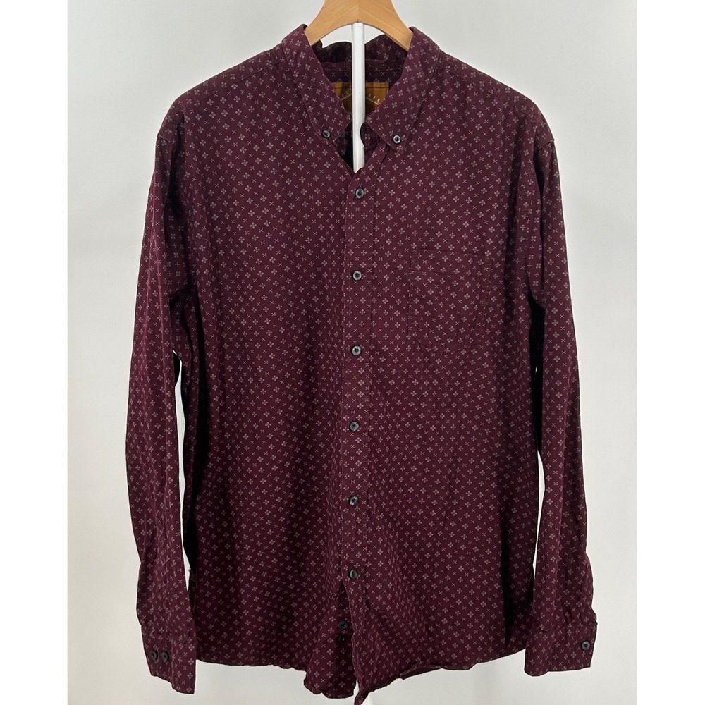 Red Camel Mens XXL Burgundy Geometric Print Button Down Shirt Long Sleeve Cotton